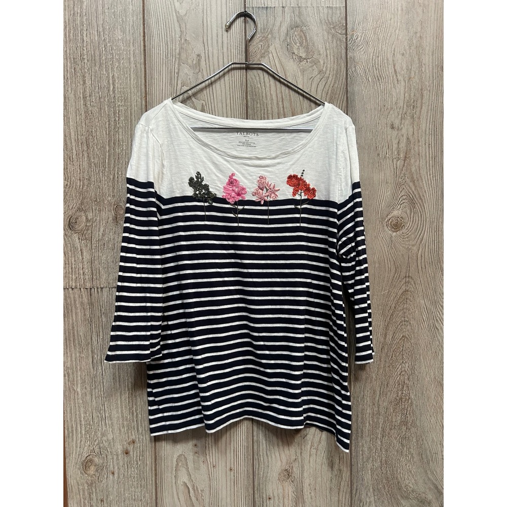 Talbots Petite XLp Striped Boat Neck Top Navy White Floral Embroidered Beaded - Picture 2 of 6